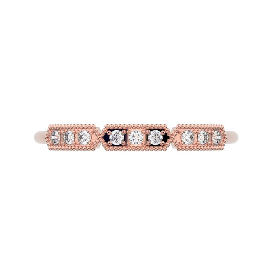 0.09Ct Round Cut Moissanite dainty Minimalist bar Stackable Art Deco Vintage Milgrain light 14K / 18K Solid Rose Gold everyday wedding band