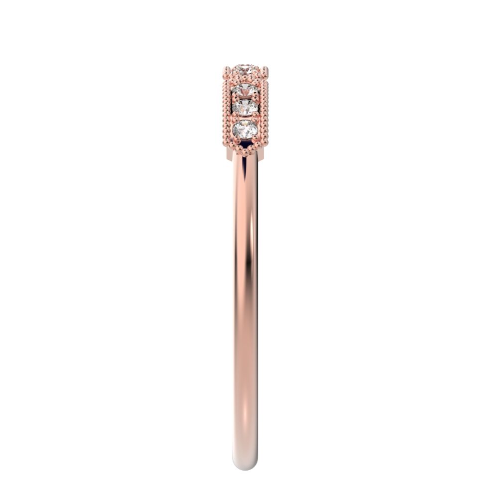 0.09Ct Round Cut Moissanite dainty Minimalist bar Stackable Art Deco Vintage Milgrain light 14K / 18K Solid Rose Gold everyday wedding band