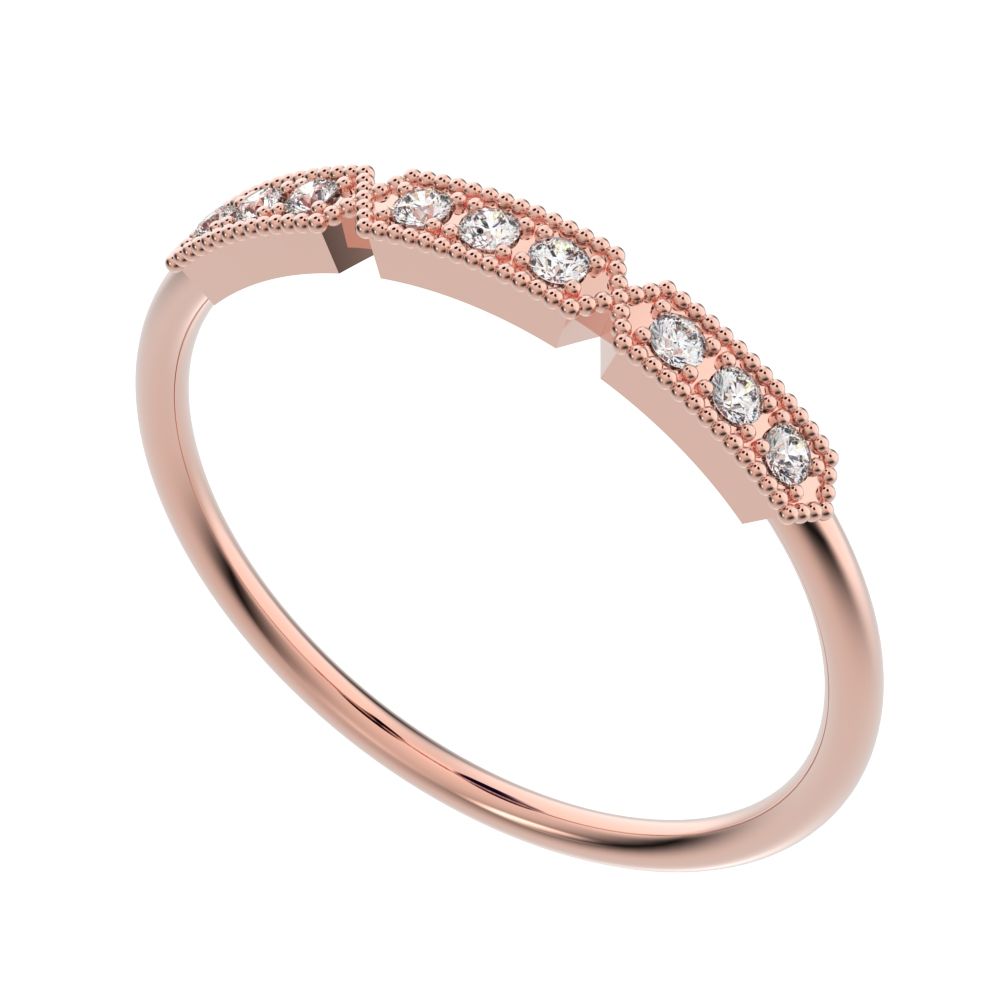 0.09Ct Round Cut Simulated Clear Diamond dainty bar Stackable Art Deco Milgrain light 14K / 18K Solid Rose Gold everyday wedding band