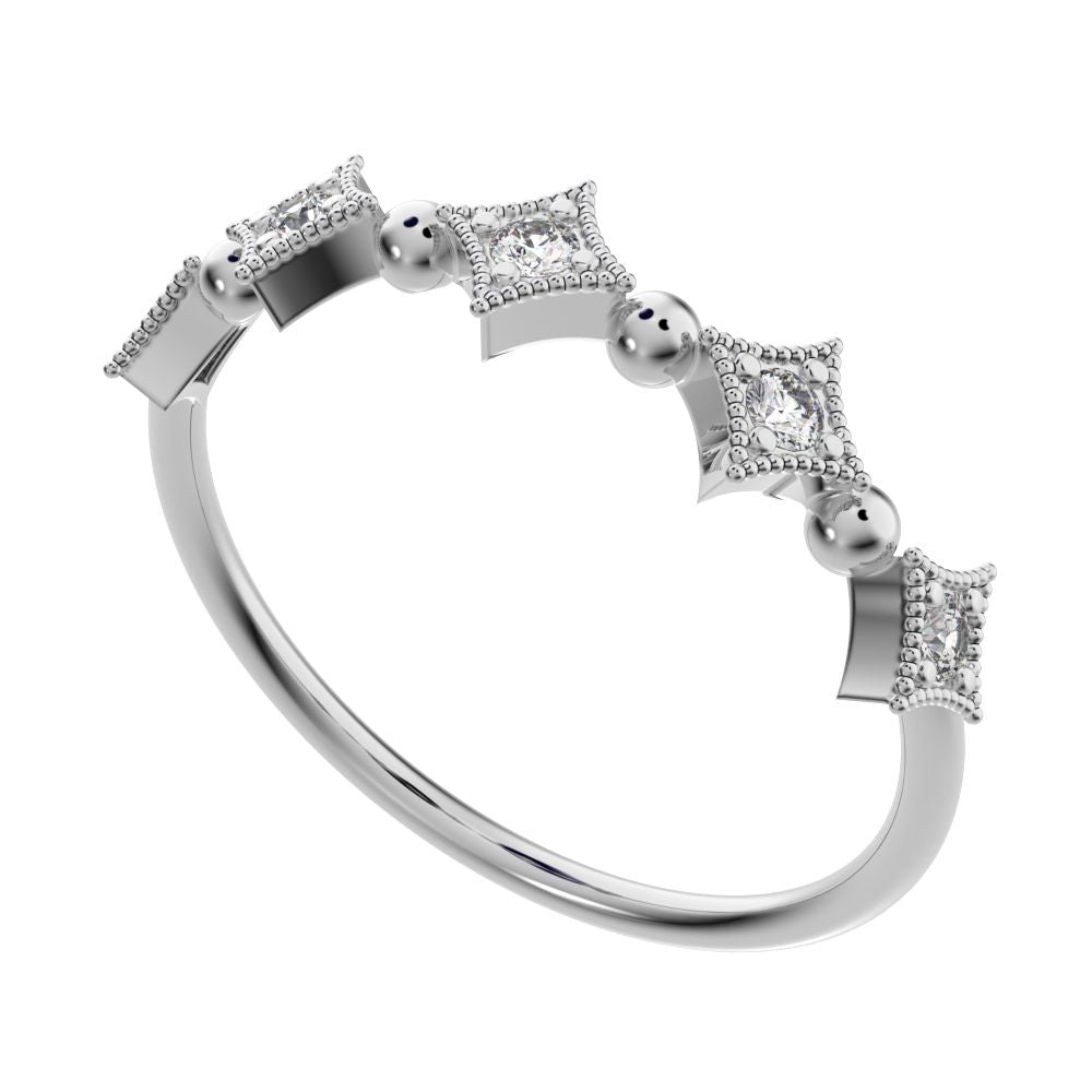0.1Ct Round Cut Simulated Clear Diamond dainty Minimalist star Stackable Art Deco pave 14K / 18K Solid White Gold everyday wedding band