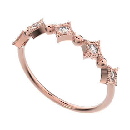 0.1 ct Round Cut Moissanite dainty Minimalist star Stackable Art Deco Vintage pave 14K / 18K Solid Rose Gold everyday wedding band