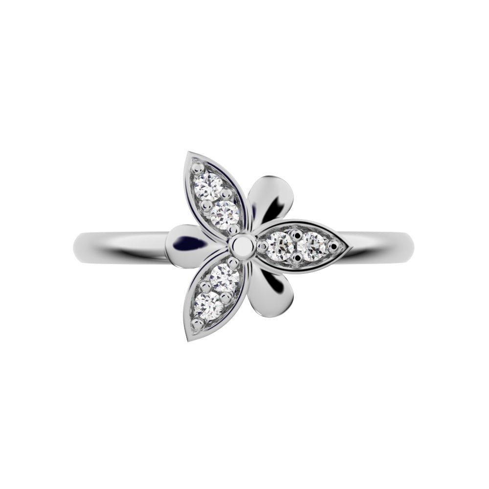 0.06 ct Round Cut Simulated Clear Diamond dainty Minimalist Floral butterfly eye petal cocktail 14K / 18K Solid White Gold everyday ring