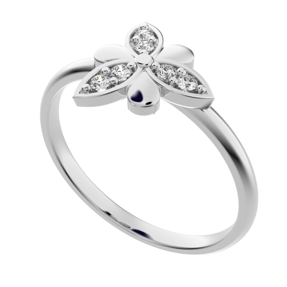 0.06 ct Round Cut Simulated Clear Diamond dainty Minimalist Floral butterfly eye petal cocktail 14K / 18K Solid White Gold everyday ring