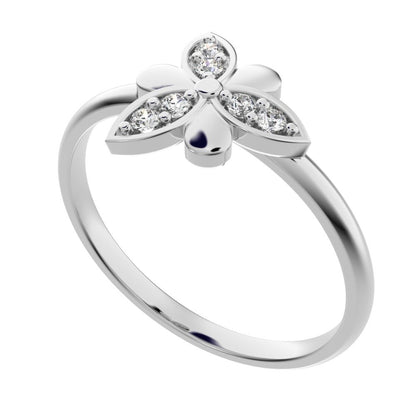 0.06 ct Round Cut Simulated Clear Diamond dainty Minimalist Floral butterfly eye petal cocktail 14K / 18K Solid White Gold everyday ring