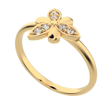 0.06 ct Round Cut Moissanite dainty Minimalist Floral butterfly eye petal light cocktail 14K / 18K Solid Yellow Gold everyday ring