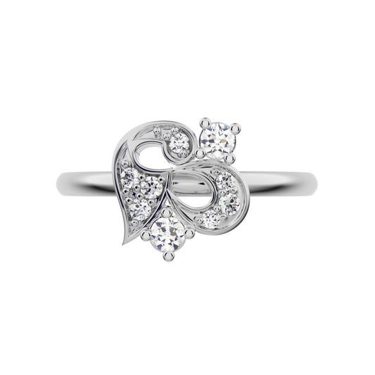 0.125 ct Round Cut Simulated Clear Diamond dainty Minimalist Intricate half moon heart cocktail 14K / 18K Solid White Gold everyday ring