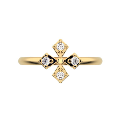 0.06 ct Round Cut Simulated Clear Diamond dainty Minimalist Intricate Floral halo petal light 14K / 18K Solid Yellow Gold everyday ring
