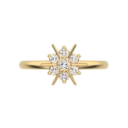 0.12 ct Round Cut Simulated Clear Diamond dainty Minimalist cluster halo Floral snow flake simple 14K / 18K Solid Yellow Gold everyday ring