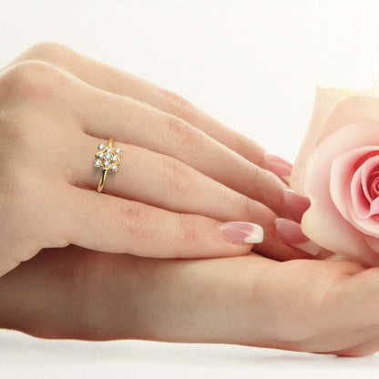 0.19 ct Round Cut Moissanite dainty Minimalist cluster halo clover leaf simple 14K / 18K Solid Yellow Gold everyday ring