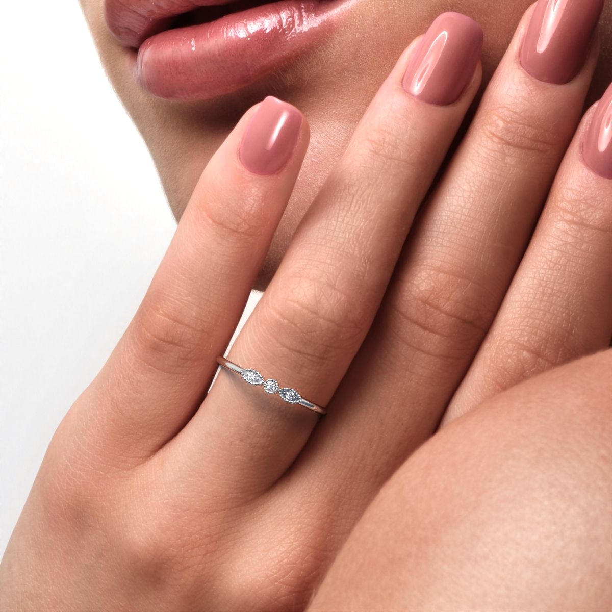 0.03Ct Round Cut Moissanite Minimalist light 3 stone solitaire with accents stackable 14K / 18K Solid White Gold everyday wedding band
