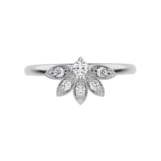 0.105 ct Round Cut Moissanite dainty Minimalist floral Stackable eye light crown 14K / 18K Solid White Gold everyday ring