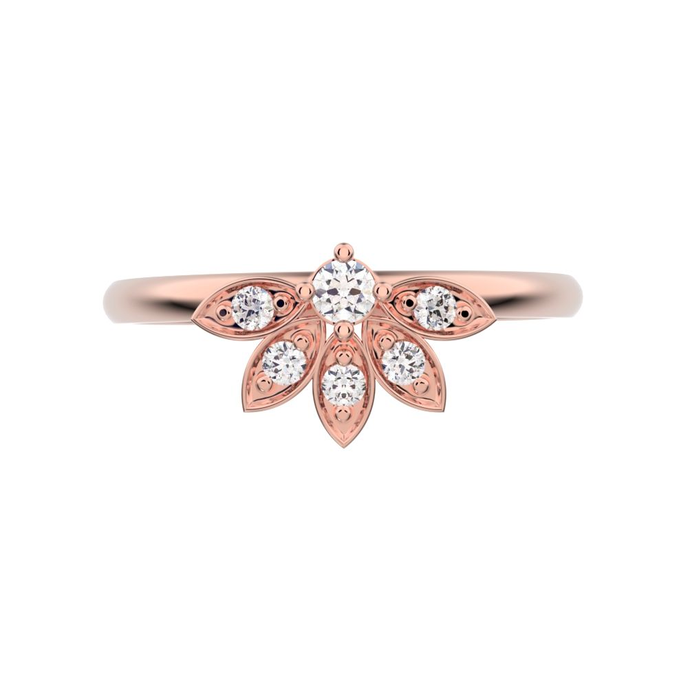 0.105 ct Round Cut Simulated Clear Diamond dainty Minimalist floral Stackable eye light crown 14K / 18K Solid Rose Gold everyday ring