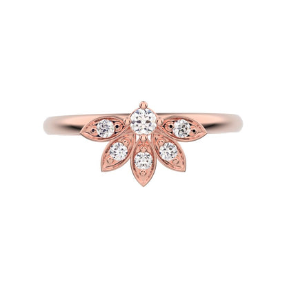 0.105 ct Round Cut Simulated Clear Diamond dainty Minimalist floral Stackable eye light crown 14K / 18K Solid Rose Gold everyday ring