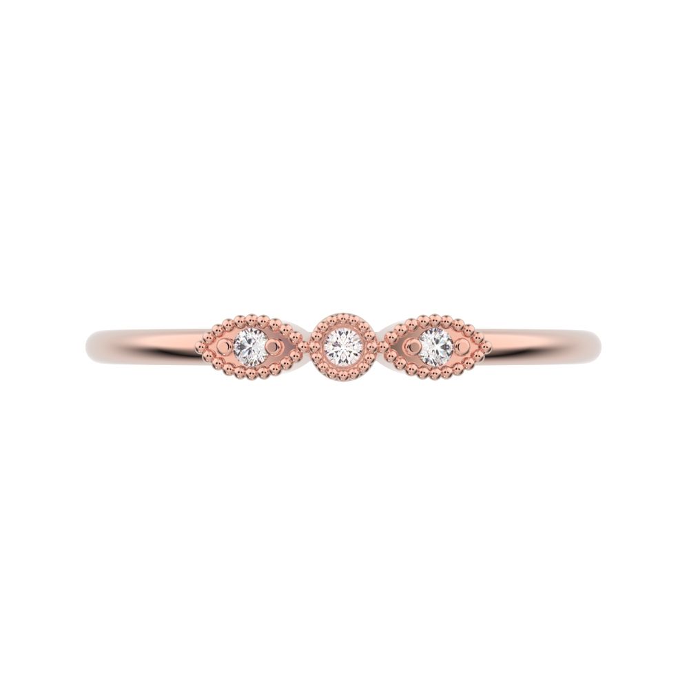 0.03Ct Round Cut Moissanite Minimalist light 3 stone solitaire with accents stackable 14K / 18K Solid Rose Gold everyday wedding band