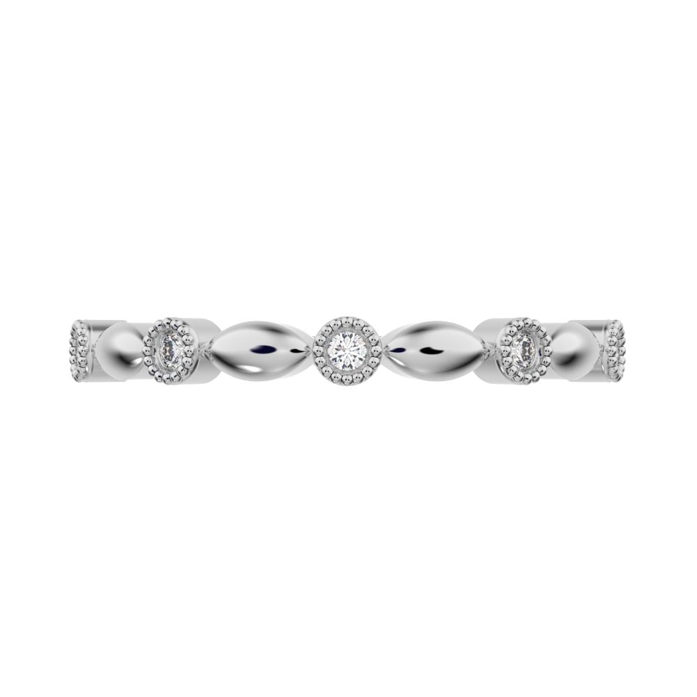 0.05Ct Round Cut Moissanite Minimalist light 3 stone solitaire with accents stackable 14K / 18K Solid White Gold everyday wedding band