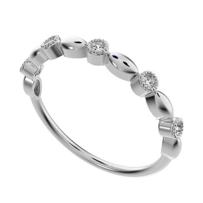 0.05 ct Round Cut Simulated Clear Diamond dainty 3 stone solitaire with accents stackable 14K / 18K Solid White Gold everyday wedding band