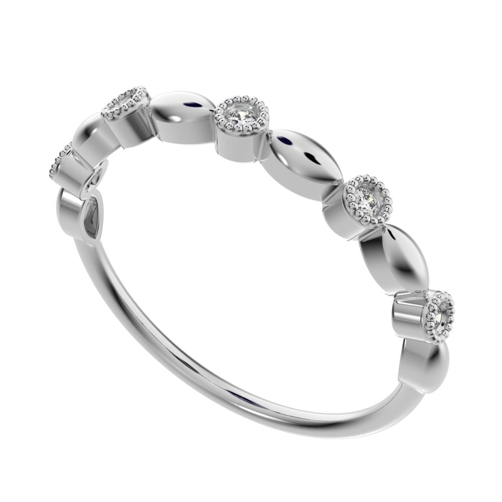 0.05Ct Round Cut Moissanite Minimalist light 3 stone solitaire with accents stackable 14K / 18K Solid White Gold everyday wedding band