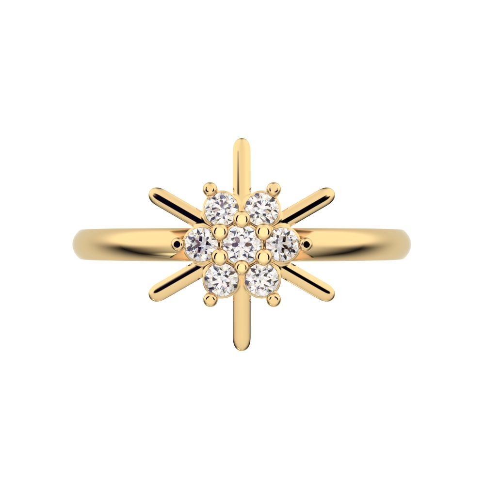 0.11 ct Round Cut Simulated Clear Diamond dainty Minimalist cluster floral halo star snow flake 14K / 18K Solid Yellow Gold everyday ring