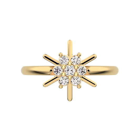 0.11 ct Round Cut Simulated Clear Diamond dainty Minimalist cluster floral halo star snow flake 14K / 18K Solid Yellow Gold everyday ring
