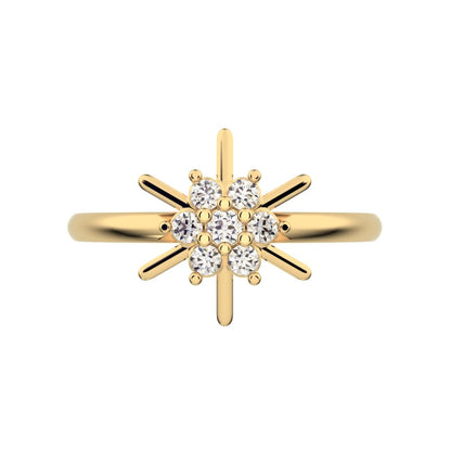 0.11 ct Round Cut Moissanite dainty Minimalist cluster floral halo star snow flake light 14K / 18K Solid Yellow Gold everyday ring