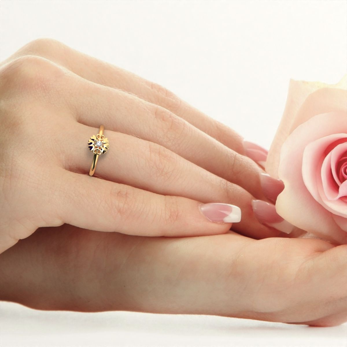 0.03 ct Round Cut Simulated Clear Diamond dainty Minimalist heart halo love Floral light 14K / 18K Solid Yellow Gold everyday ring