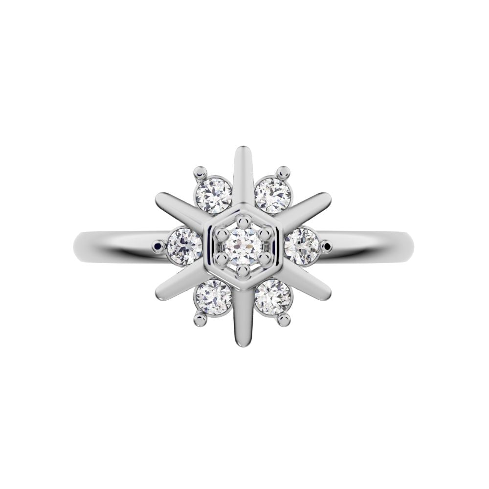 0.105 ct Round Cut Moissanite dainty Minimalist star floral halo hexogen snow flake 14K / 18K Solid White Gold everyday ring