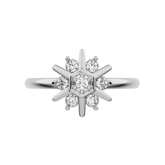 0.105 ct Round Cut Moissanite dainty Minimalist star floral halo hexogen snow flake 14K / 18K Solid White Gold everyday ring