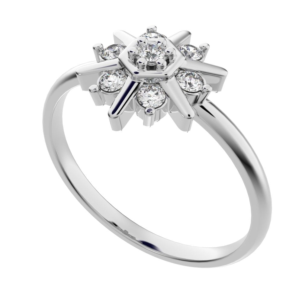 0.105 ct Round Cut Moissanite dainty Minimalist star floral halo hexogen snow flake 14K / 18K Solid White Gold everyday ring