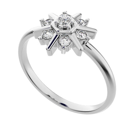 0.105 ct Round Cut Moissanite dainty Minimalist star floral halo hexogen snow flake 14K / 18K Solid White Gold everyday ring