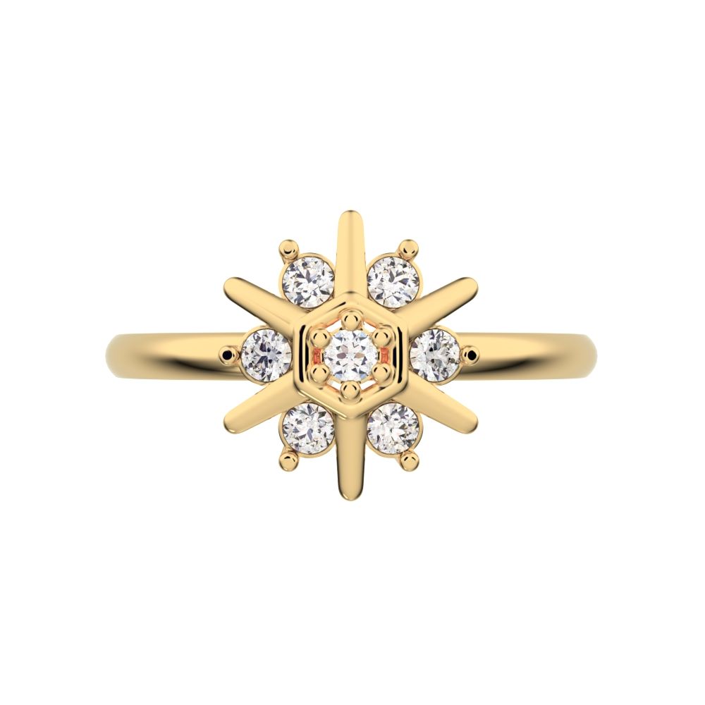 0.105 ct Round Cut Moissanite dainty Minimalist star floral halo hexogen snow flake 14K / 18K Solid Yellow Gold everyday ring