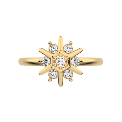 0.105 ct Round Cut Moissanite dainty Minimalist star floral halo hexogen snow flake 14K / 18K Solid Yellow Gold everyday ring