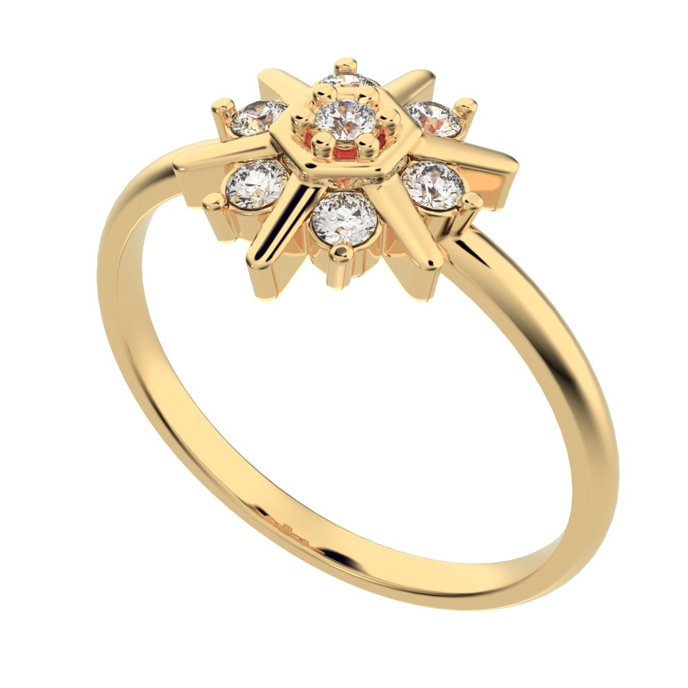 0.105 ct Round Cut Moissanite dainty Minimalist star floral halo hexogen snow flake 14K / 18K Solid Yellow Gold everyday ring