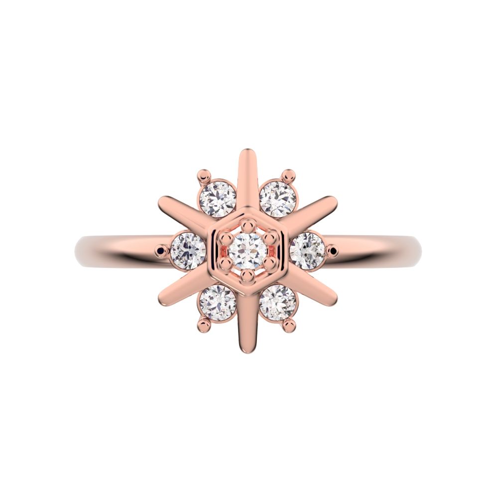 0.105 ct Round Cut Moissanite dainty Minimalist star floral halo hexogen snow flake 14K / 18K Solid Rose Gold everyday ring