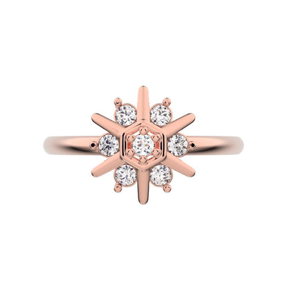 0.105 ct Round Cut Moissanite dainty Minimalist star floral halo hexogen snow flake 14K / 18K Solid Rose Gold everyday ring