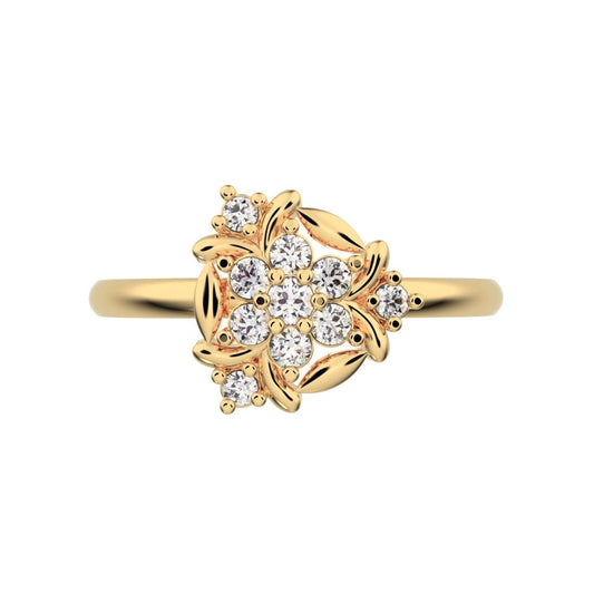 0.14 ct Round Cut Simulated Clear Diamond dainty Minimalist star floral eye halo cluster petal 14K / 18K Solid Yellow Gold everyday ring
