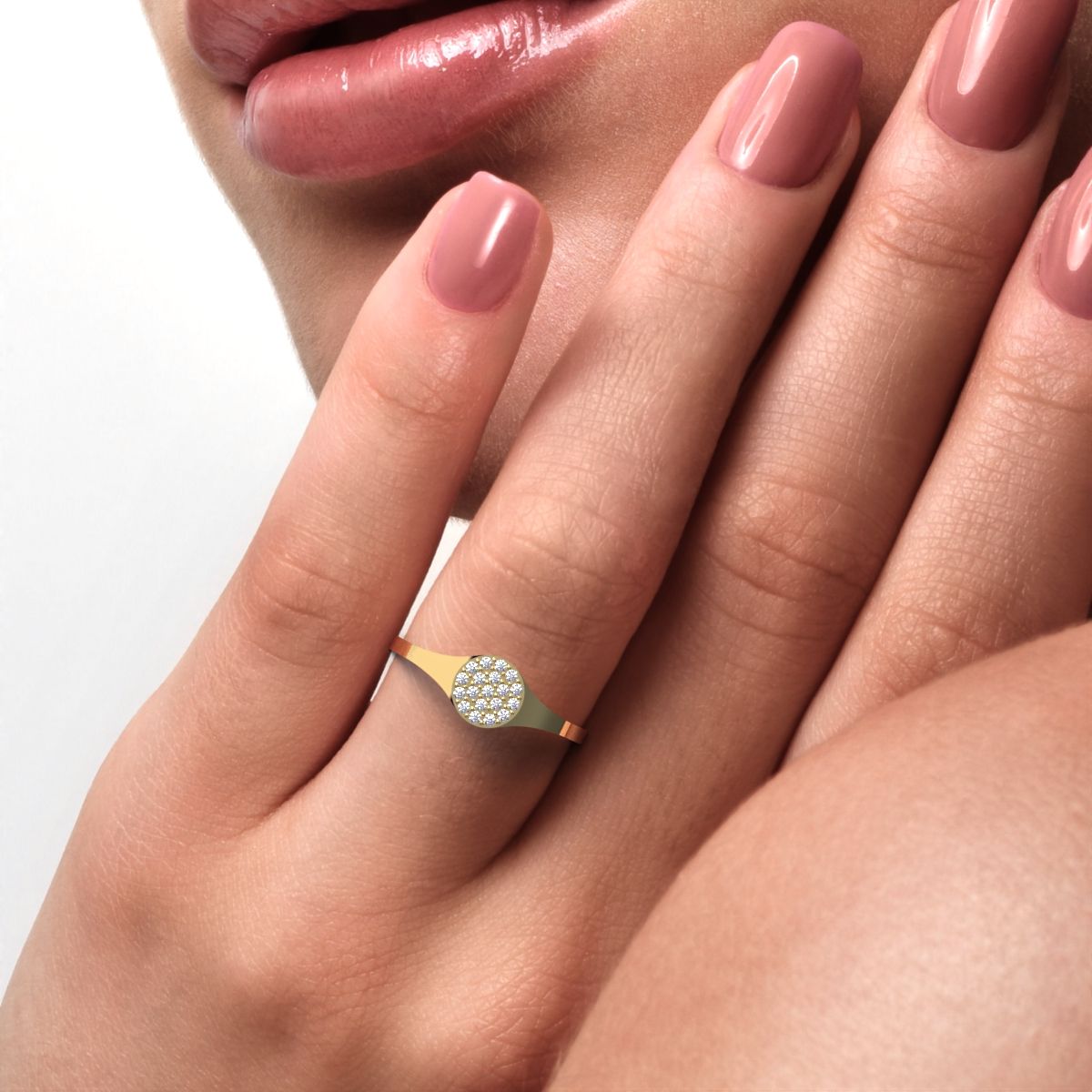 0.095 ct Round Cut Moissanite dainty Minimalist cluster pave signet 14K / 18K Solid Yellow Gold everyday ring