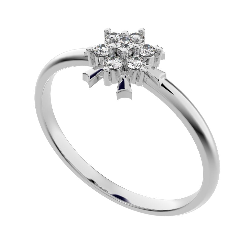 0.105 ct Round Cut Moissanite dainty Minimalist star snow flake halo cluster light 14K / 18K Solid White Gold everyday ring