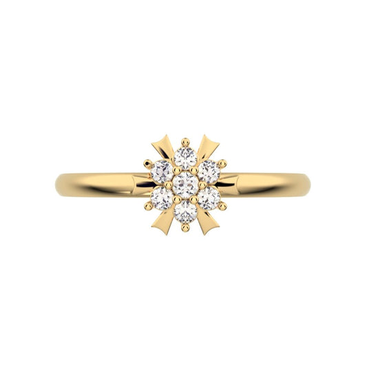 0.105 ct Round Cut Moissanite dainty Minimalist star snow flake halo cluster light 14K / 18K Solid Yellow Gold everyday ring