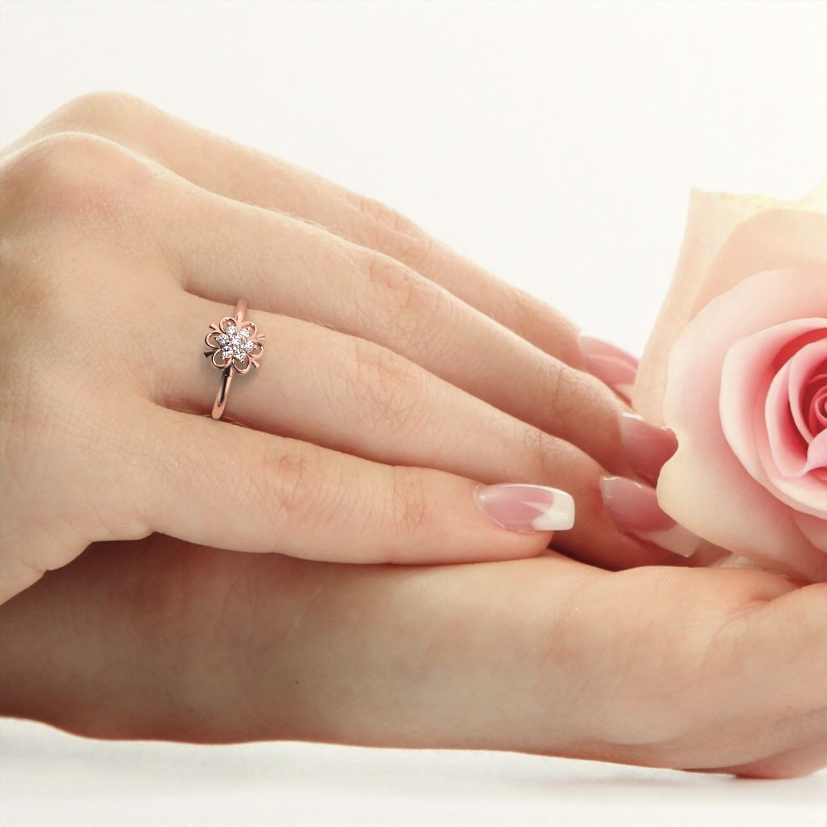 0.11 ct Round Cut Simulated Clear Diamond dainty Minimalist star floral eye halo cluster snow flake 14K / 18K Solid Rose Gold everyday ring