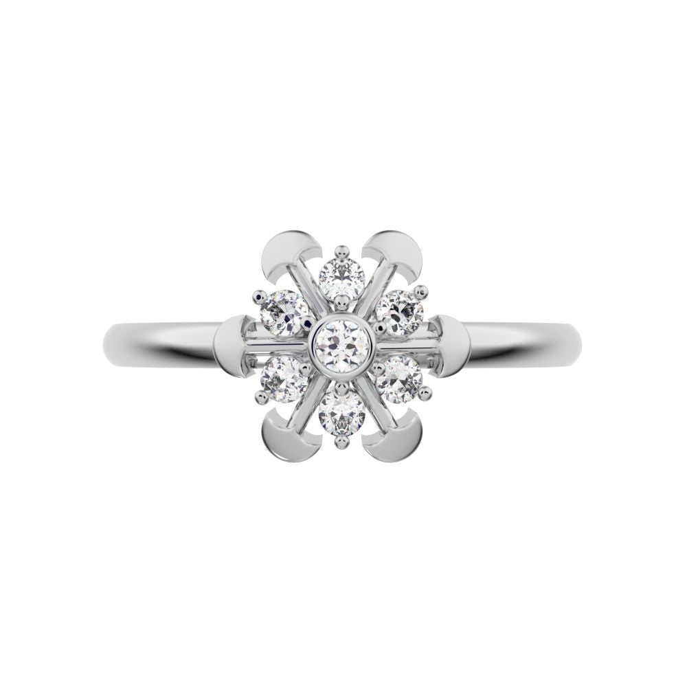 0.105 ct Round Cut Moissanite dainty Minimalist star floral mushroom halo cluster snow flake 14K / 18K Solid White Gold everyday ring