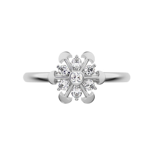 0.105 ct Round Cut Moissanite dainty Minimalist star floral mushroom halo cluster snow flake 14K / 18K Solid White Gold everyday ring