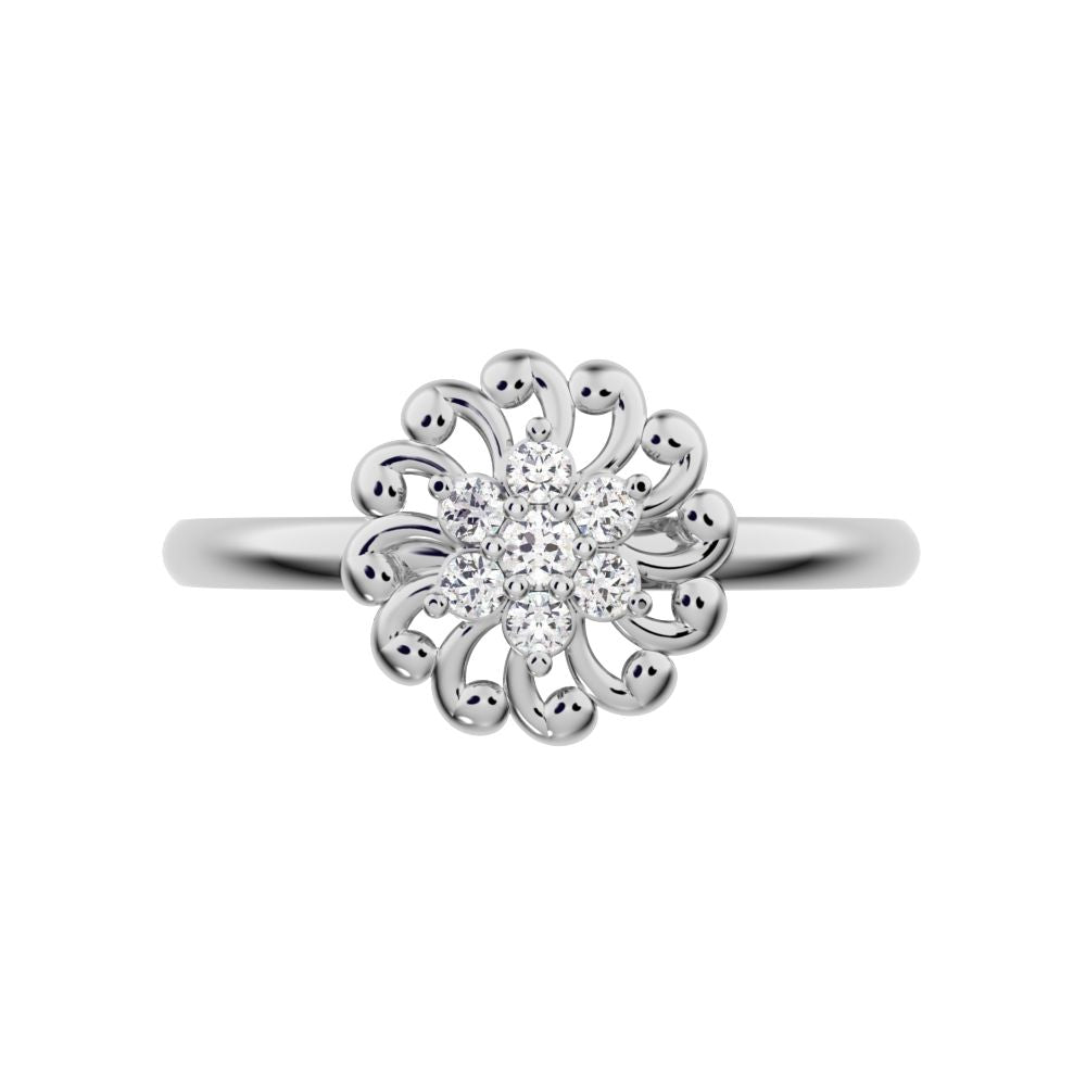 0.075 ct Round Cut Moissanite dainty Minimalist star floral halo eye cluster snow flake 14K / 18K Solid White Gold everyday ring