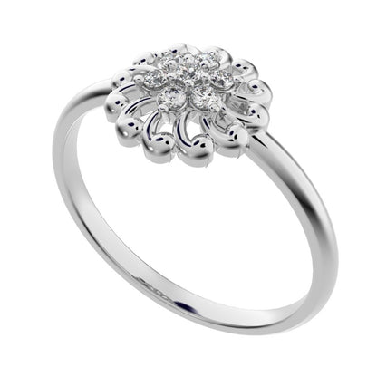 0.075 ct Round Cut Moissanite dainty Minimalist star floral halo eye cluster snow flake 14K / 18K Solid White Gold everyday ring
