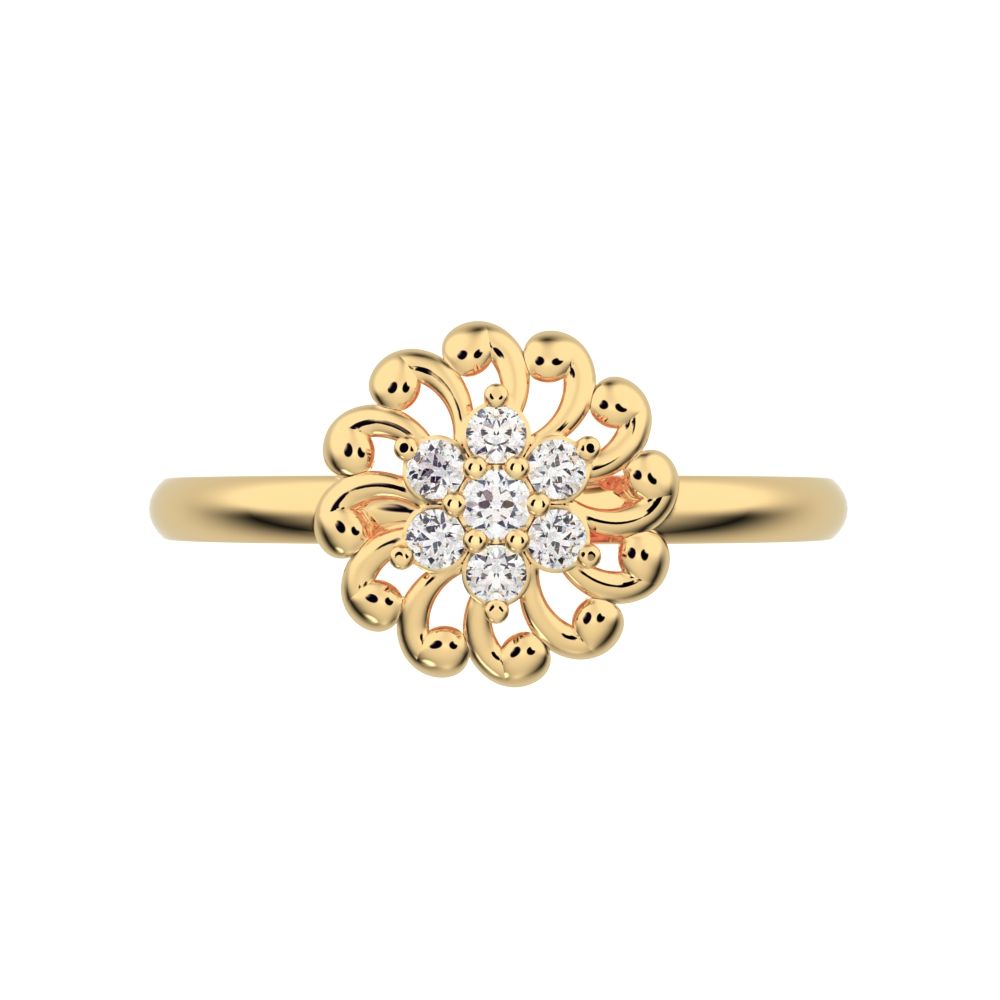 0.075 ct Round Cut Moissanite dainty Minimalist star floral halo eye cluster snow flake 14K / 18K Solid Yellow Gold everyday ring