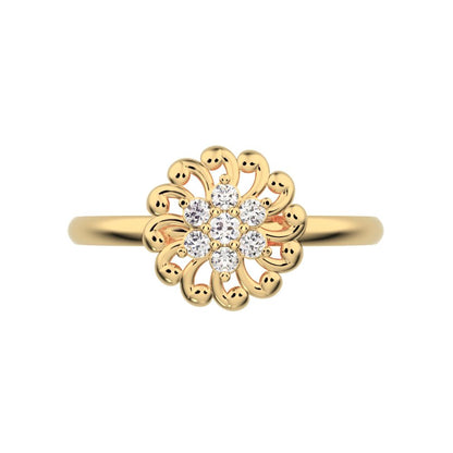 0.075 ct Round Cut Moissanite dainty Minimalist star floral halo eye cluster snow flake 14K / 18K Solid Yellow Gold everyday ring