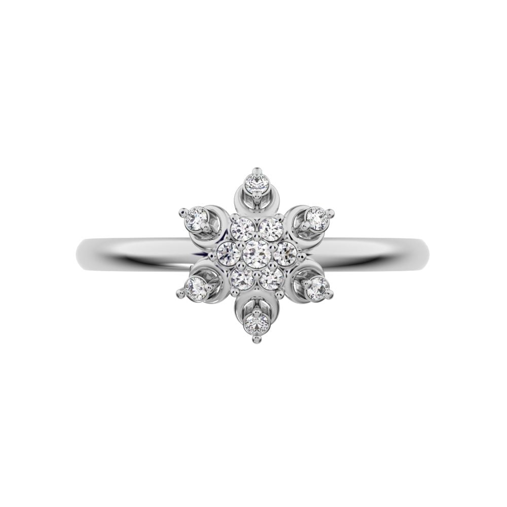 0.07 ct Round Cut Moissanite dainty Minimalist star floral cluster halo snow flake light 14K / 18K Solid White Gold everyday ring