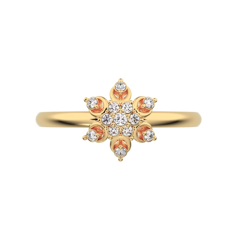 0.07 ct Round Cut Simulated Clear Diamond dainty Minimalist star floral cluster halo snow flake 14K / 18K Solid Yellow Gold everyday ring