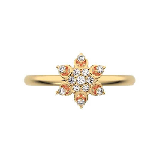 0.07 ct Round Cut Moissanite dainty Minimalist star floral cluster halo snow flake light 14K / 18K Solid Yellow Gold everyday ring