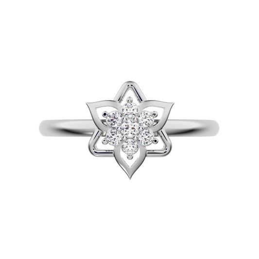 0.075 ct Round Cut Moissanite dainty Minimalist star floral cluster halo petal pyramid 14K / 18K Solid White Gold everyday ring