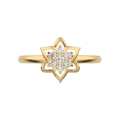 0.075 ct Round Cut Simulated Clear Diamond dainty Minimalist star floral halo petal snow flake 14K / 18K Solid Yellow Gold everyday ring